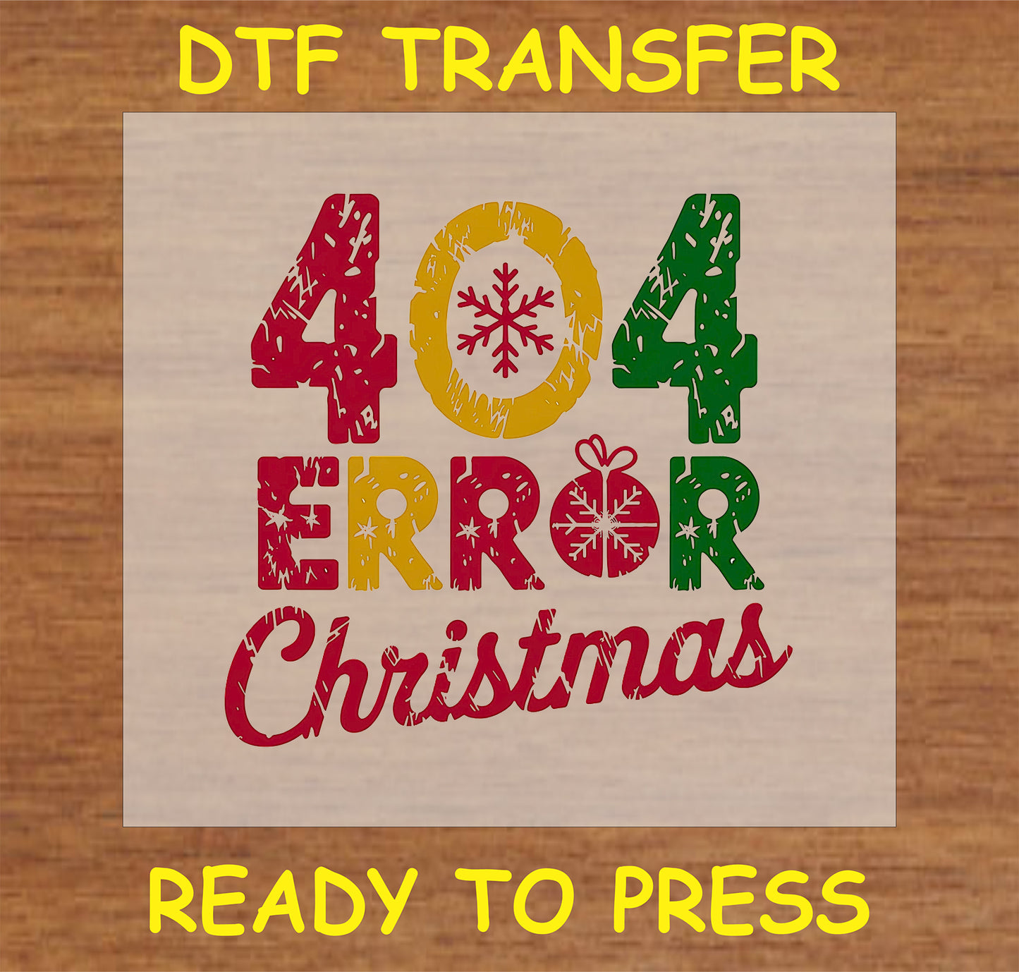 "404 Error Christmas DTF Transfer with colorful text and holiday-themed graphics"