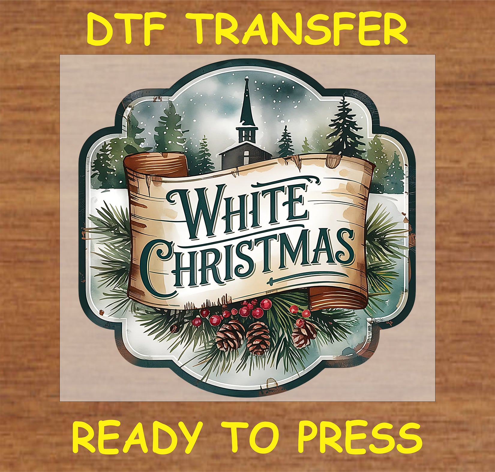 "White Christmas DTF Transfer with a snowy landscape and festive design elements"