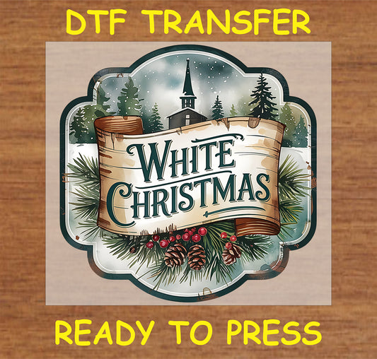 "White Christmas DTF Transfer with a snowy landscape and festive design elements"