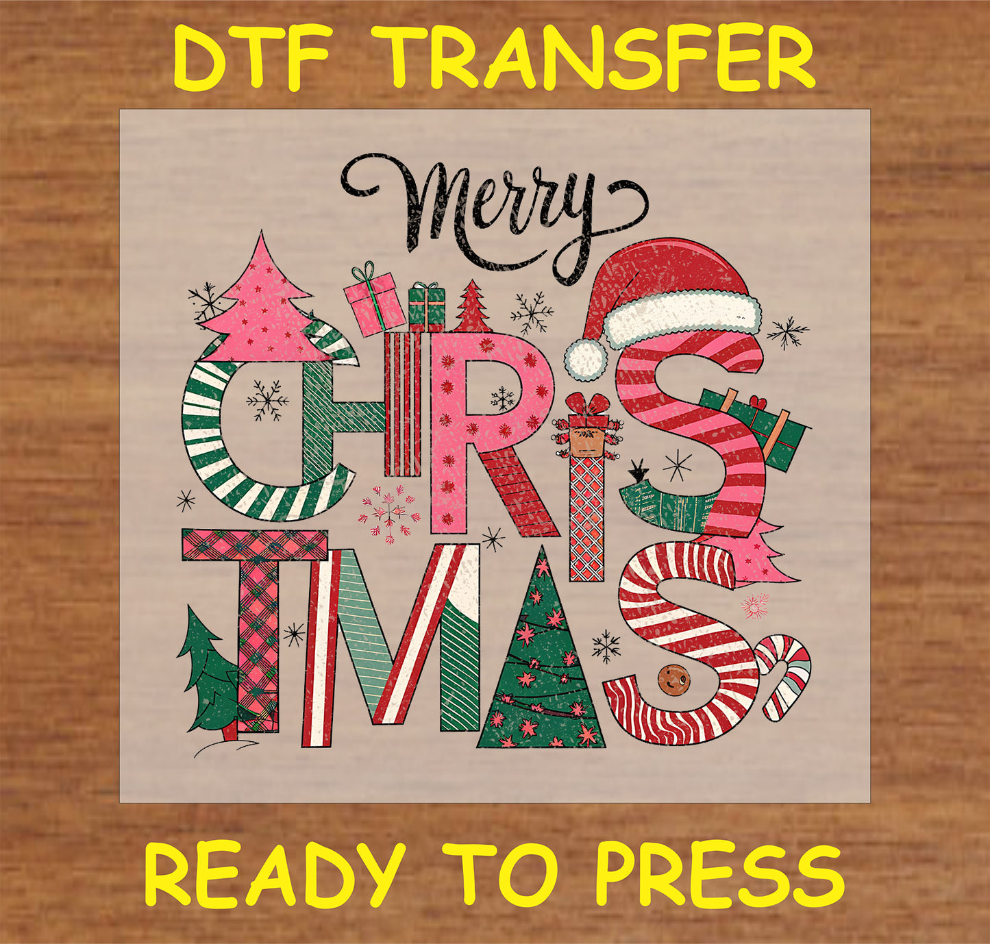 "Merry Christmas DTF Transfer featuring festive designs with trees, gifts, and holiday patterns"