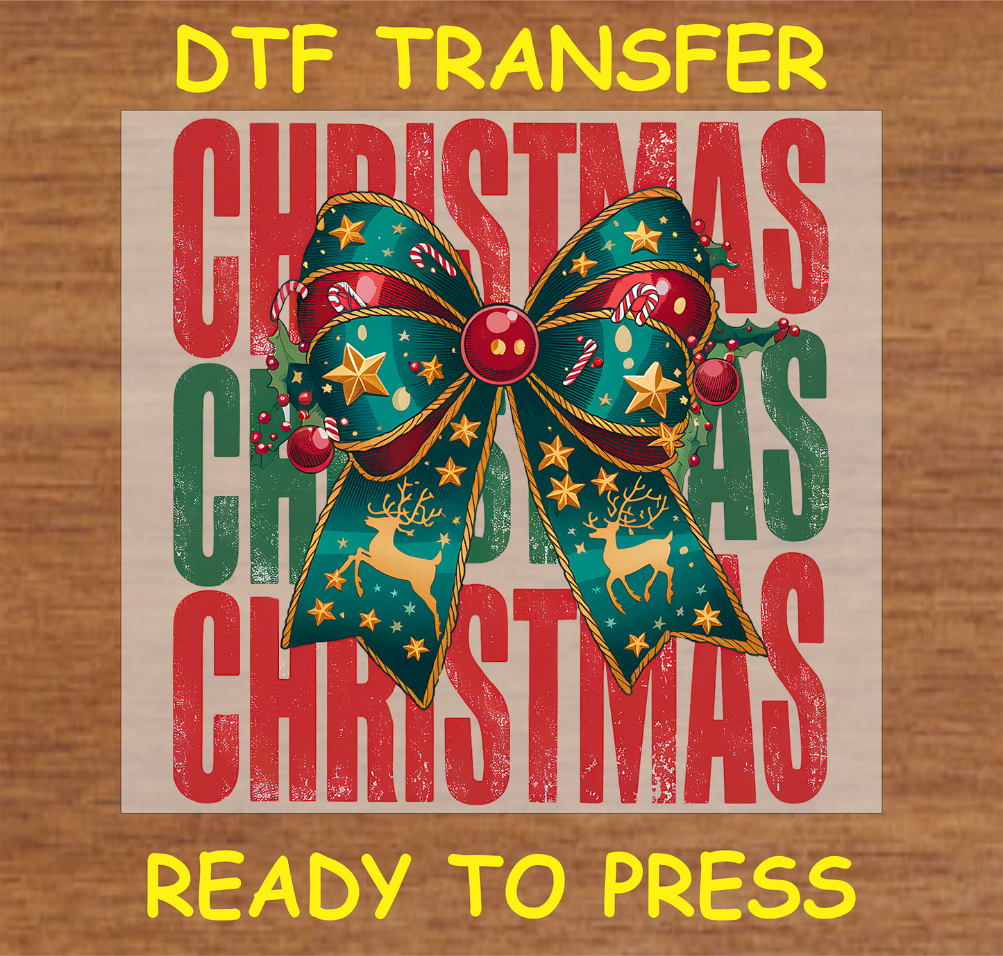 "CHRISTMAS DTF Transfer featuring a decorative bow and festive holiday design"