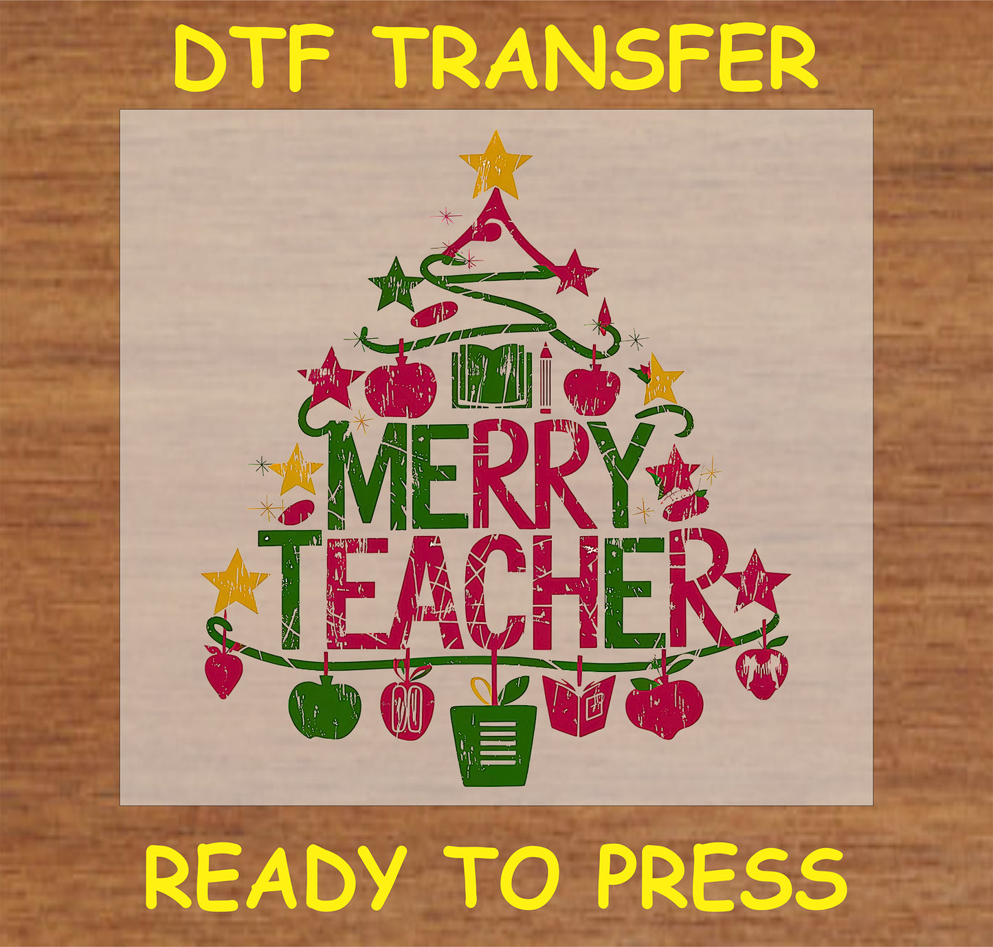 "Merry Teacher DTF Transfer featuring a colorful Christmas tree and school supplies for educators"