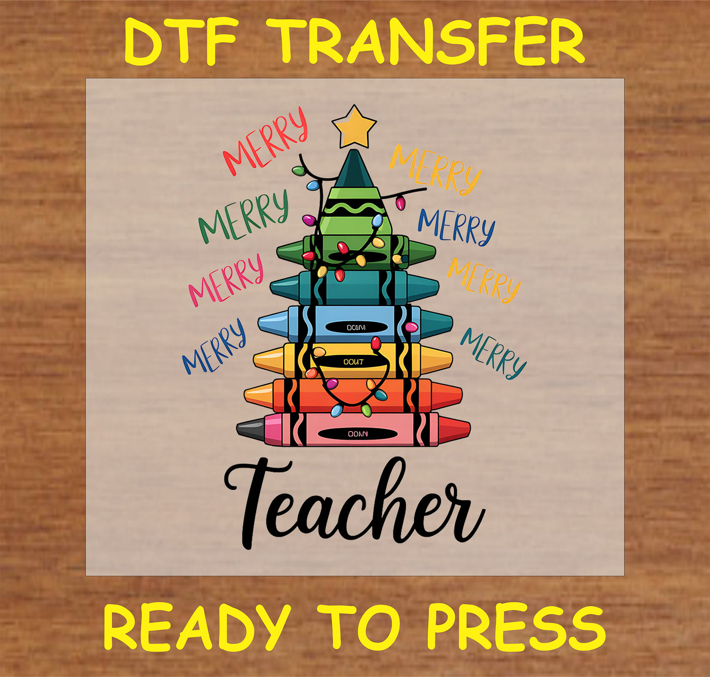 "Merry Teacher DTF Transfer with a colorful crayon Christmas tree design for educators"