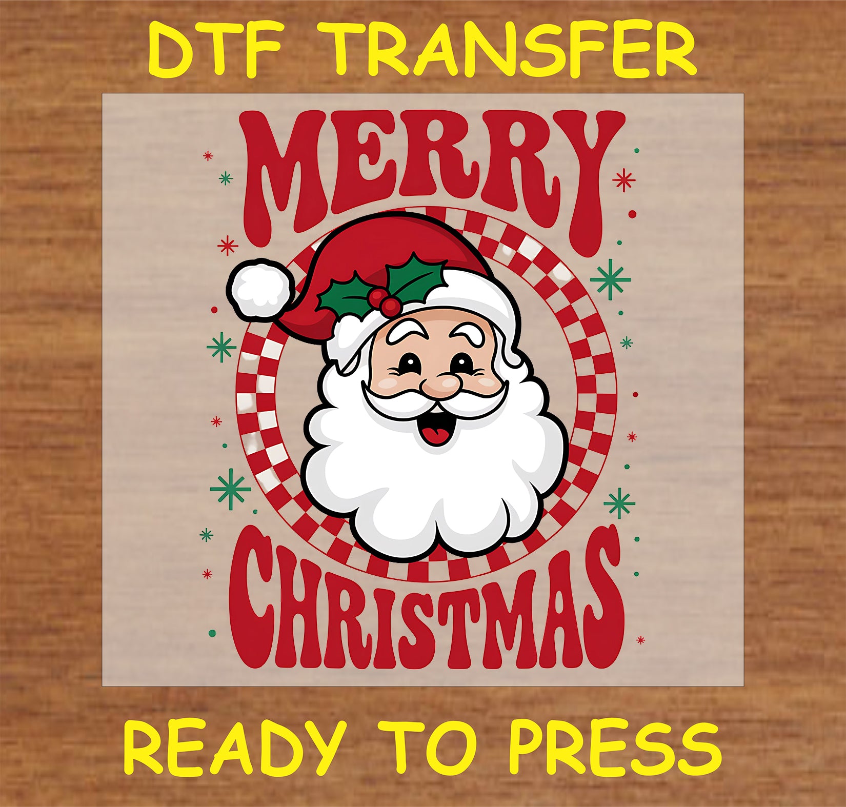 "Merry Christmas DTF Transfer featuring a cheerful Santa design for holiday apparel"