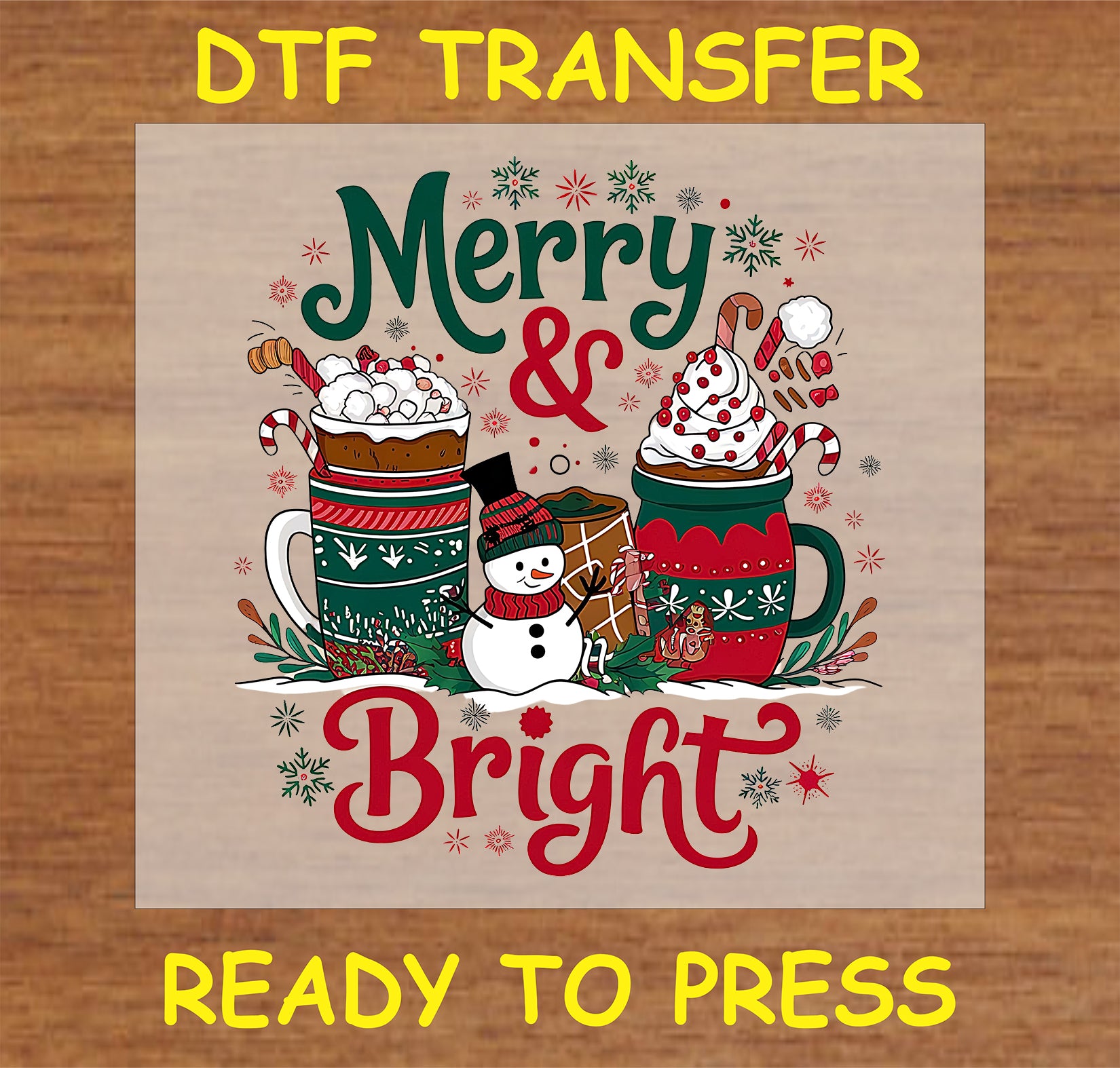 "Merry & Bright DTF Transfer featuring festive mugs and a snowman design"