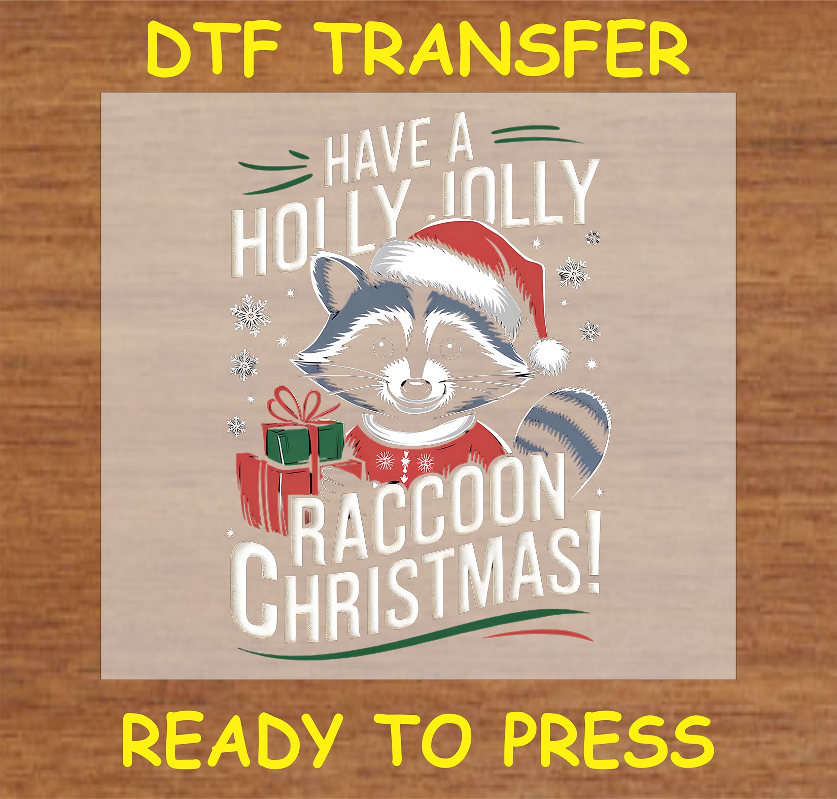 "Have a Holly Jolly Christmas DTF Transfer featuring a cute animal with gifts"