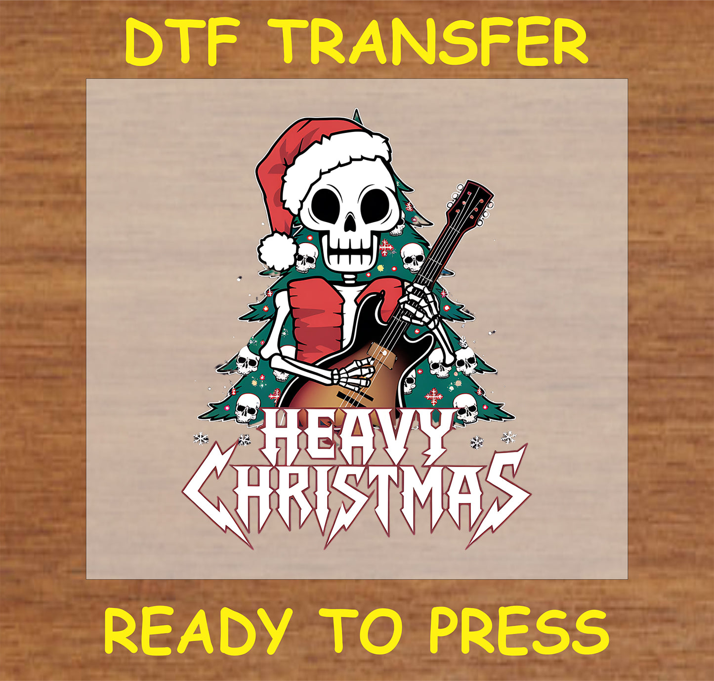 "Heavy Christmas DTF Transfer featuring a rockin' skeleton with an electric guitar"