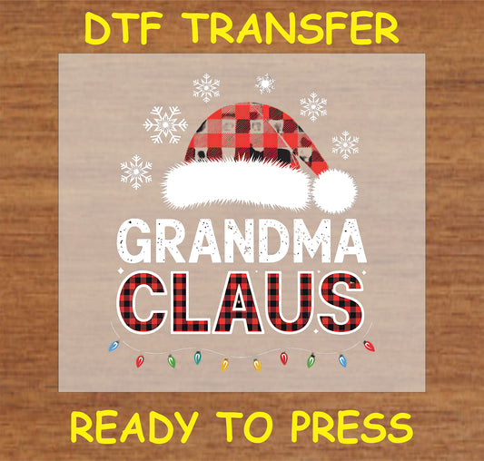 "Grandma Claus DTF Transfer with plaid Santa hat and festive decorations for holiday apparel"