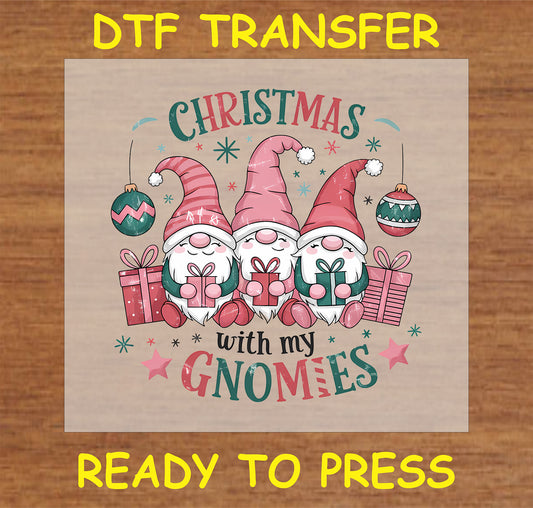 "Christmas with My Gnomies DTF Transfer featuring festive gnome characters with gifts and ornaments"