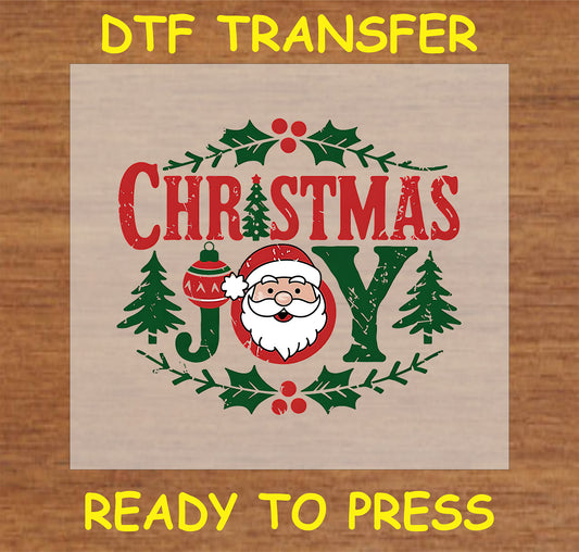 "Christmas Joy DTF Transfer featuring a festive Santa design and holiday decorations"