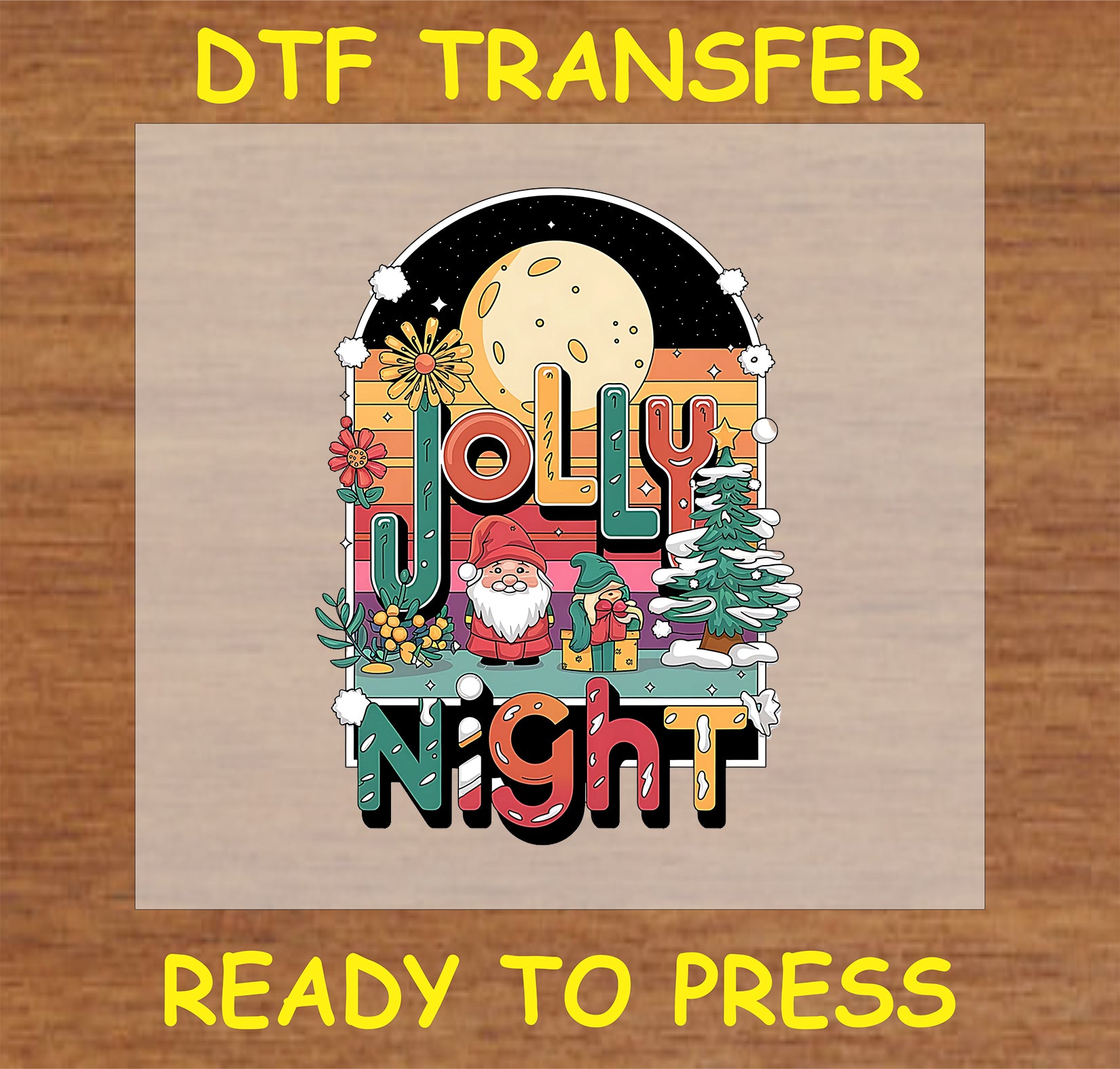 "Jolly Night DTF Transfer featuring Santa and festive decorations for holiday apparel"