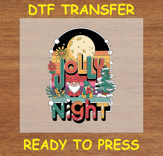 "Jolly Night DTF Transfer featuring Santa and festive decorations for holiday apparel"