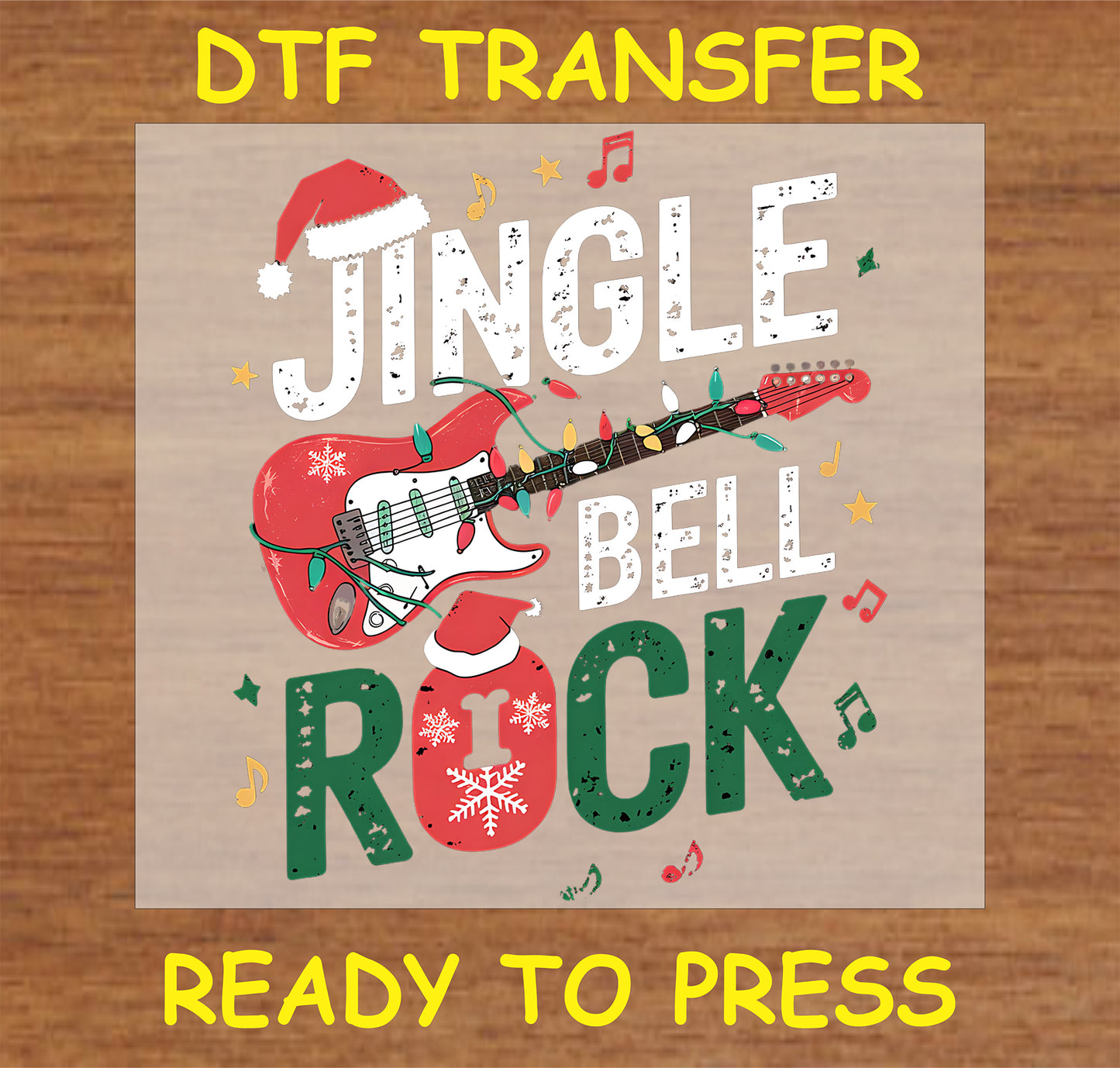 "Jingle Bell Rock DTF Transfer featuring a festive guitar and holiday elements for Christmas apparel"