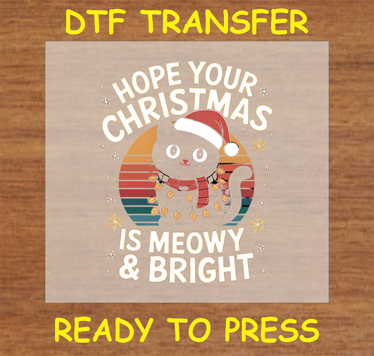 "Meowy & Bright Christmas DTF Transfer featuring a festive cat with lights and a Santa hat"