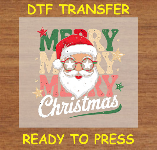 "Merry Christmas DTF transfer featuring a joyful Santa with festive glasses and holiday decorations."