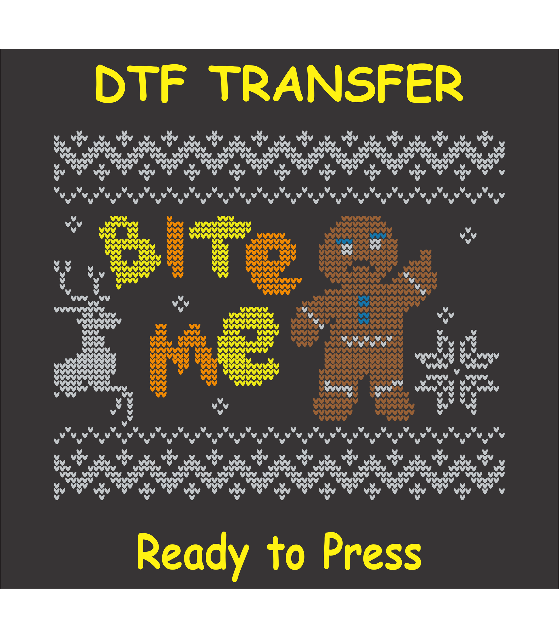 Gingerbread man with the text "Bite Me" in a knitted Christmas sweater style, ready to press DTF transfer.