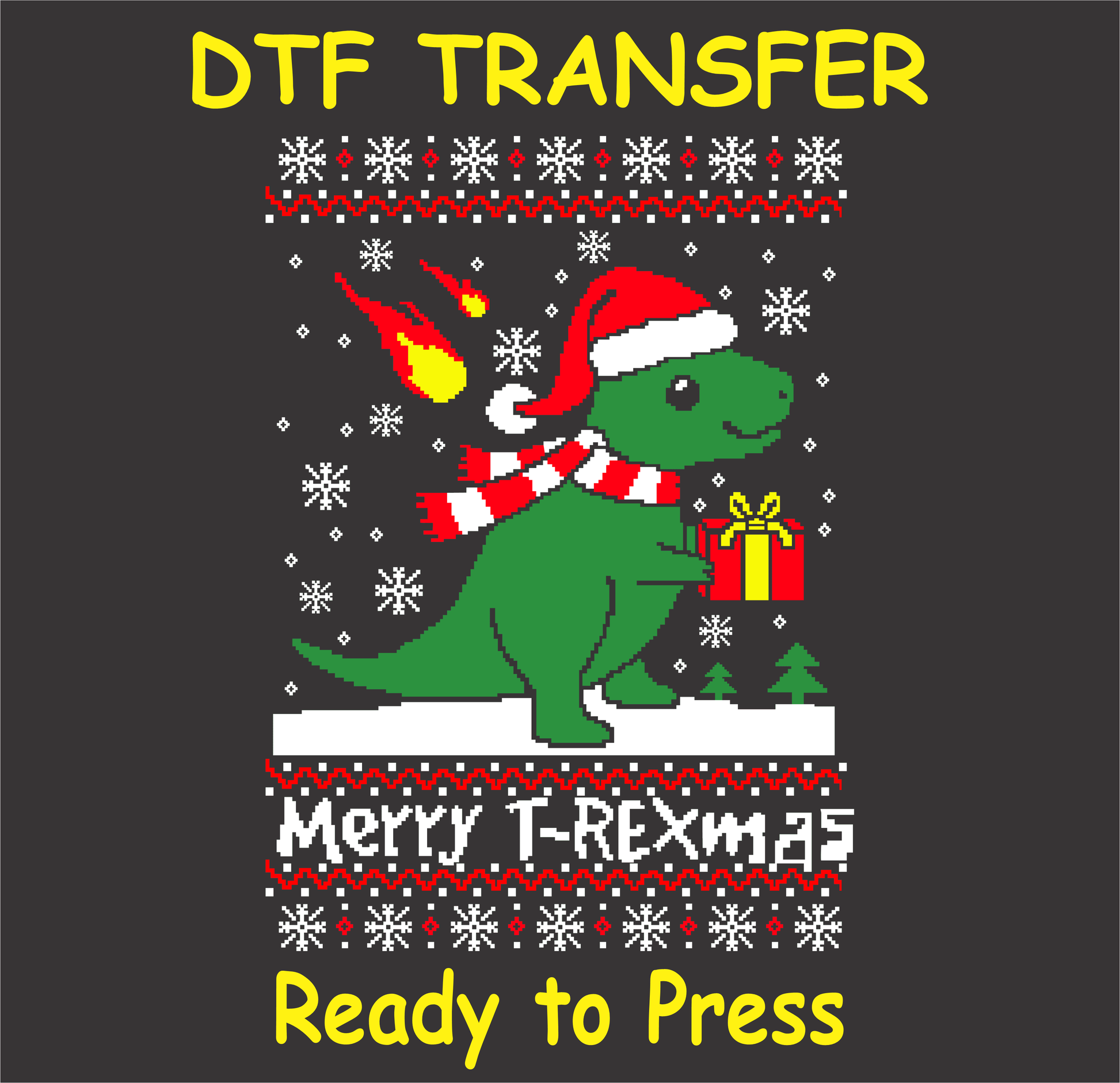 Merry T-Rexmas Christmas DTF Transfer featuring a green T-Rex in a Santa hat holding a present, surrounded by snowflakes and festive holiday designs.