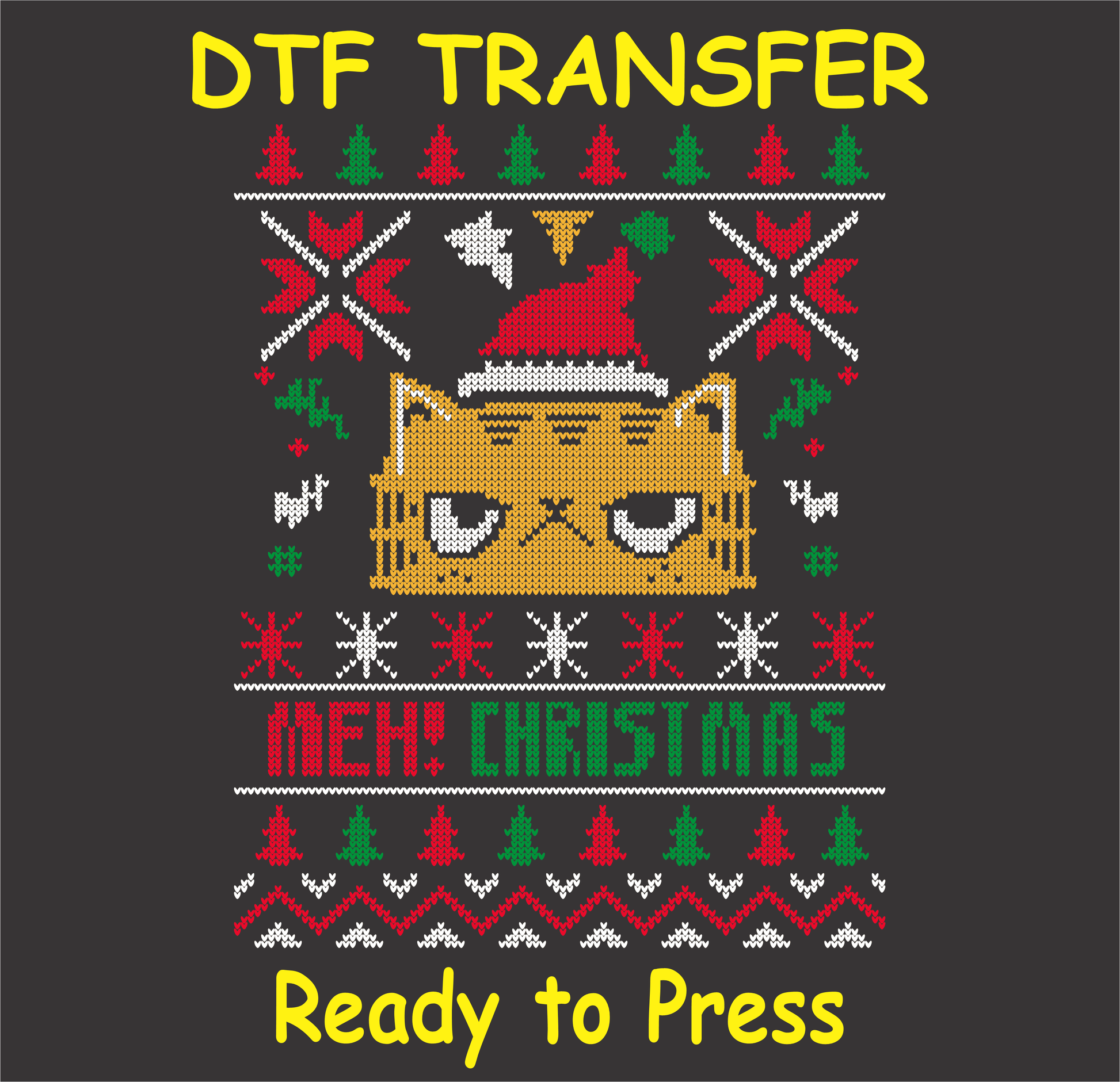 Grumpy cat in a Santa hat with "Meh Christmas" text, ugly sweater style DTF transfer ready to press.