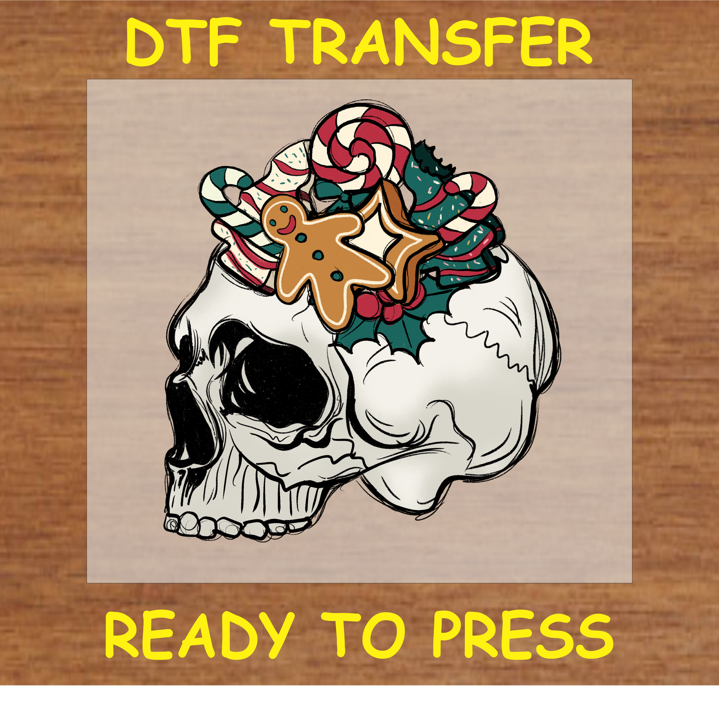 DTF transfer design featuring a skull decorated with gingerbread cookies, candy canes, and holly in a festive style.