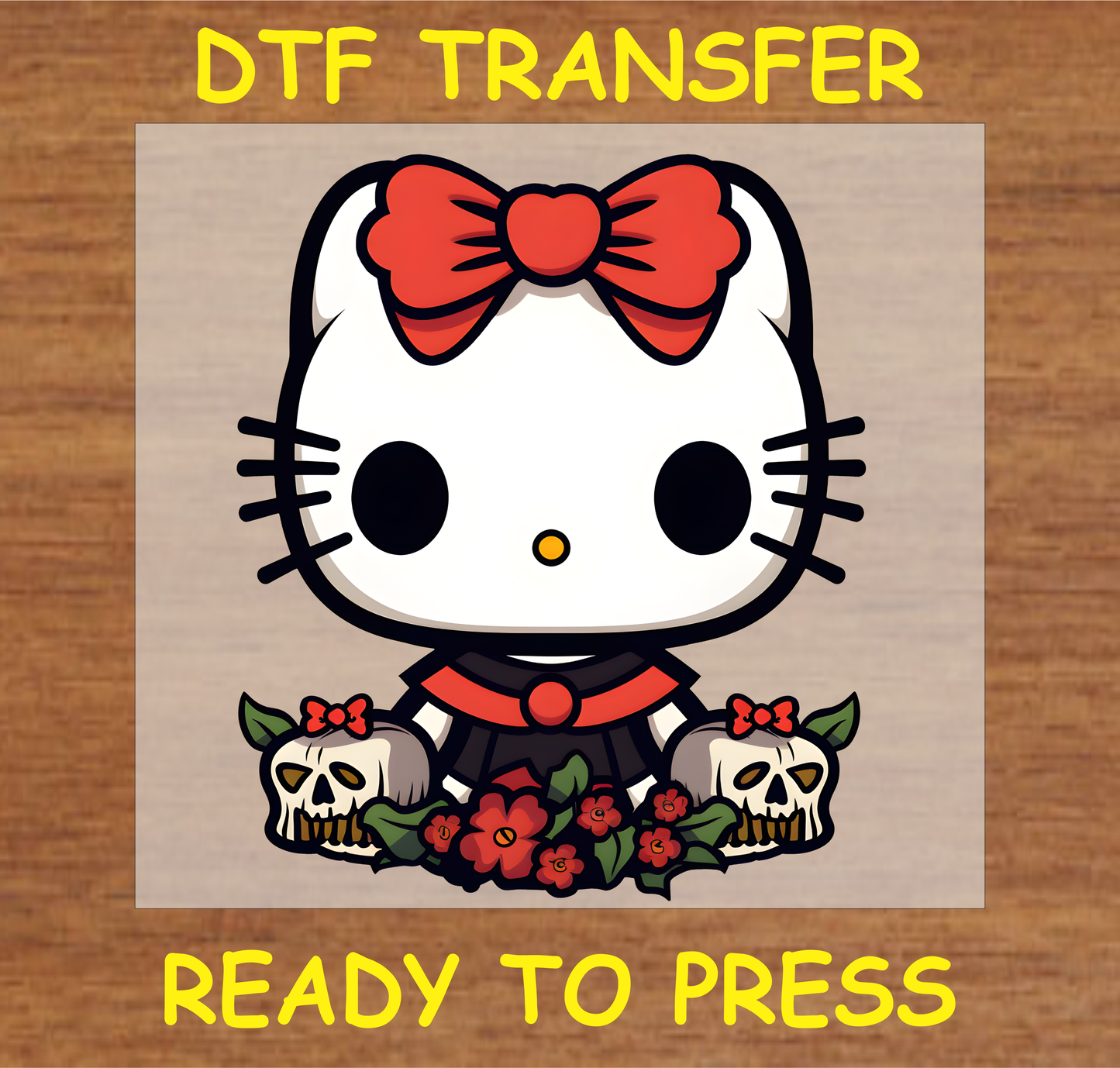 Cute DTF transfer featuring a character with red bow, skulls, and flowers