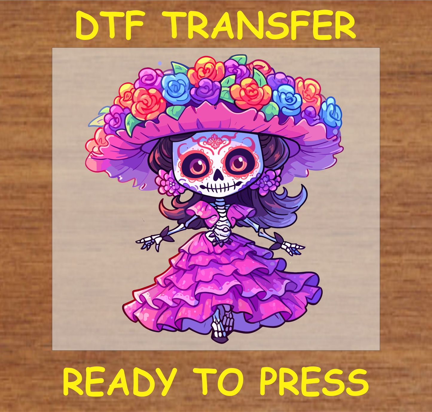 Día de los Muertos DTF transfer featuring a cute skeleton girl in a colorful dress and floral hat