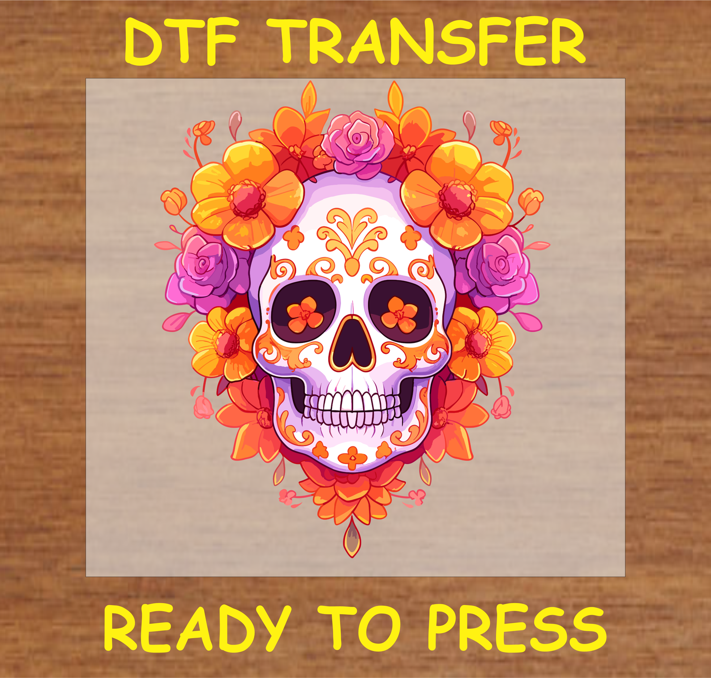 Día de los Muertos DTF transfer featuring a colorful sugar skull surrounded by vibrant flowers