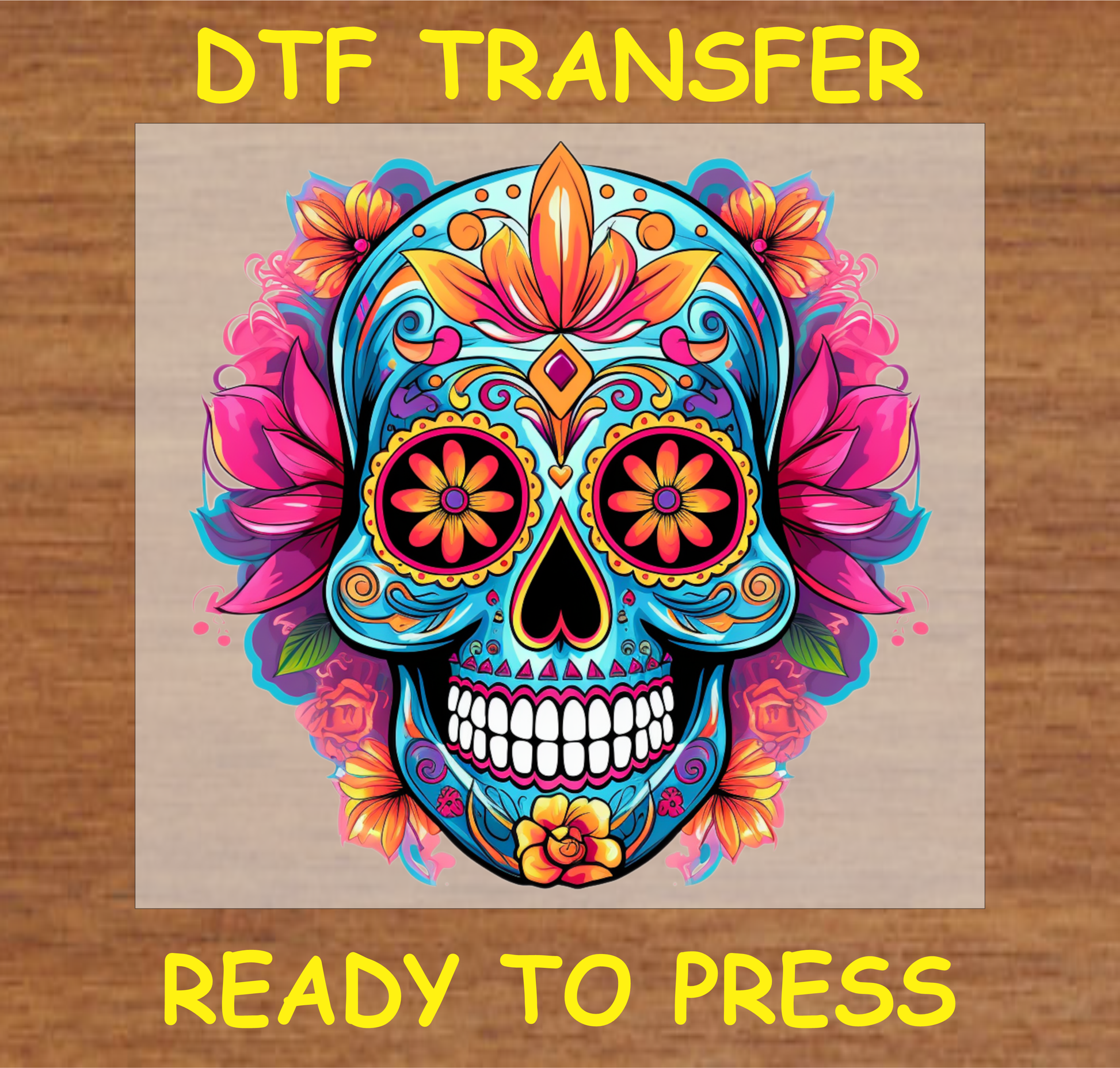 Día de los Muertos DTF transfer featuring a vibrant sugar skull with bold floral accents