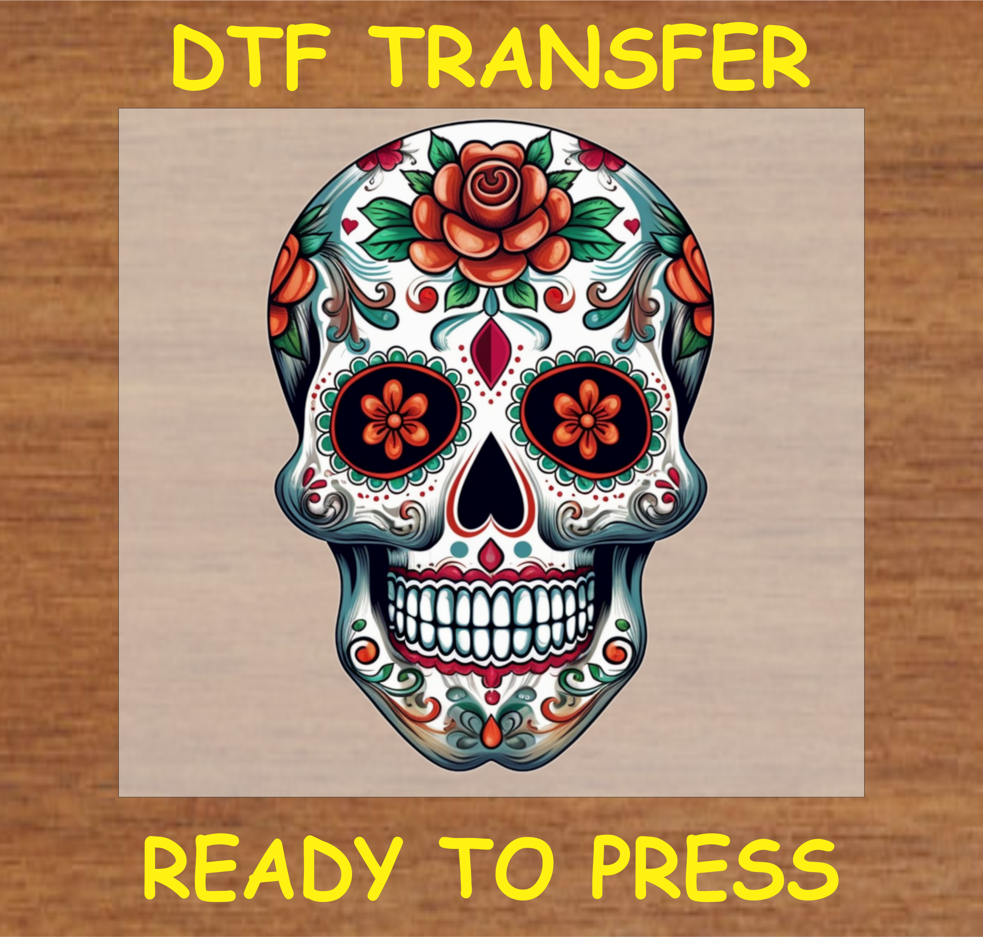 Classic Día de los Muertos DTF transfer featuring a sugar skull with bold floral accents