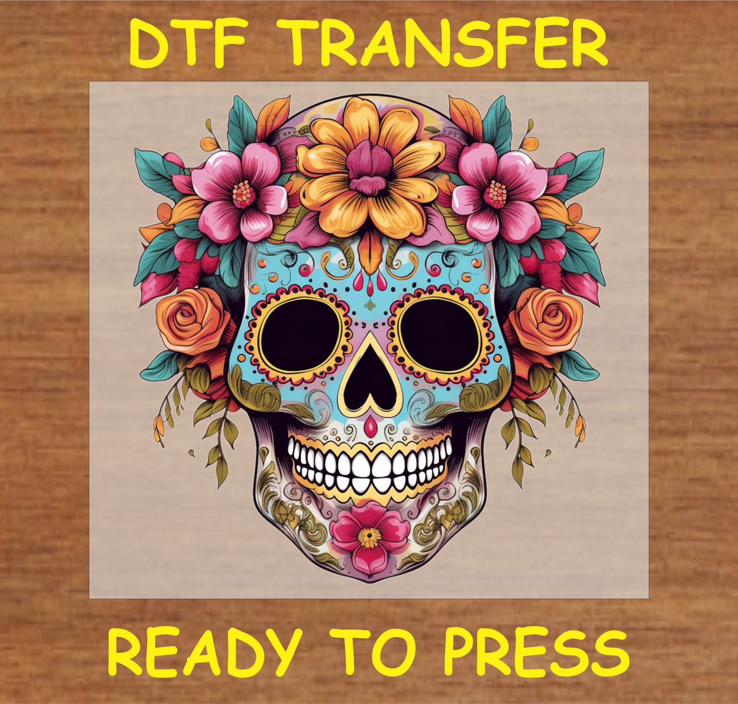 Día de los Muertos DTF transfer featuring a colorful sugar skull with bold floral accents