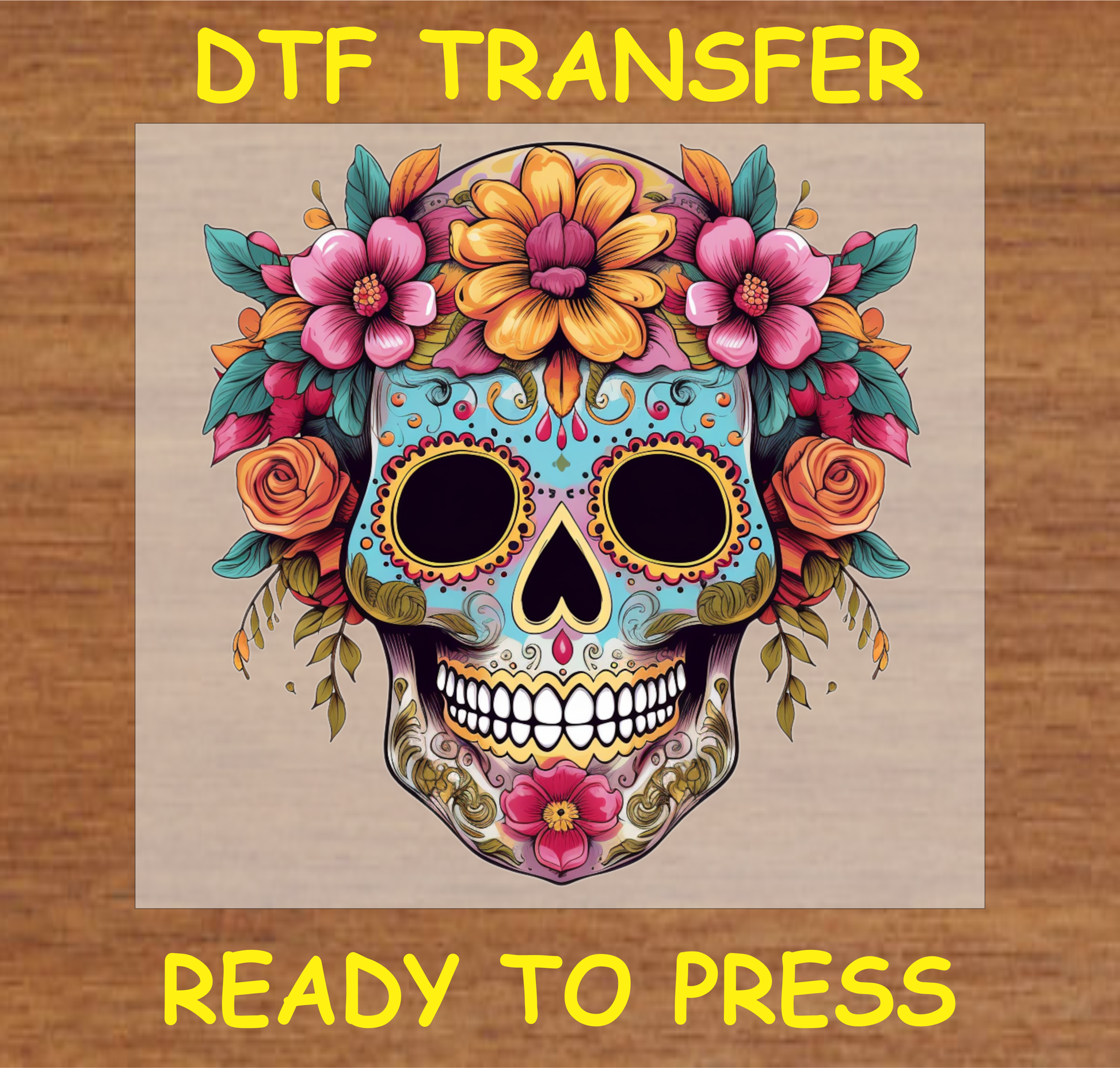 Día de los Muertos DTF transfer featuring a colorful sugar skull with bold floral accents