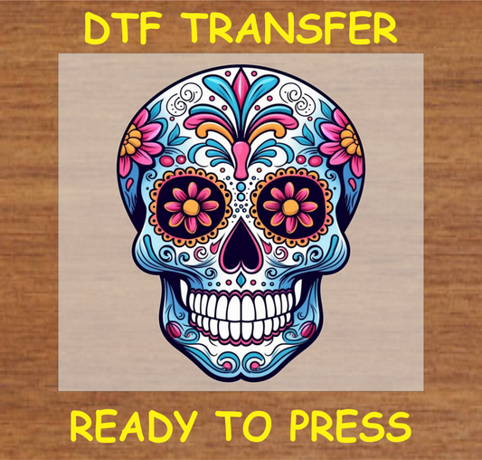 Día de los Muertos DTF transfer featuring a colorful sugar skull with bold floral accents