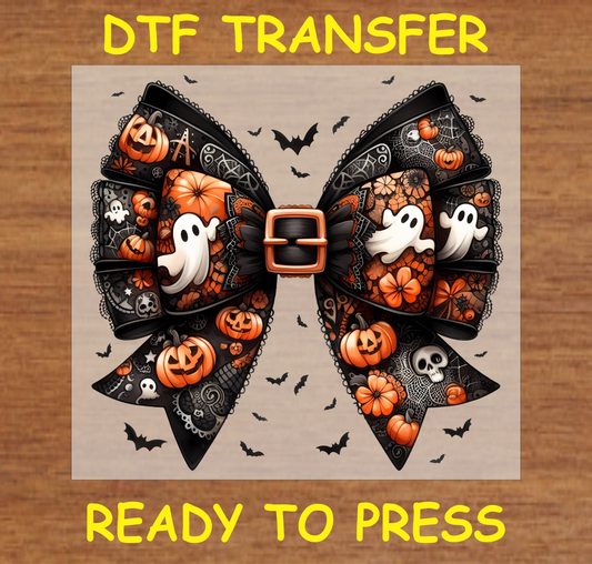 Halloween Bow W/ Ghosts and Pumpkin Dtf Transfer - Ready To Press H039