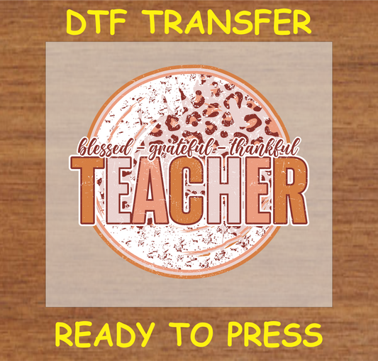 "Blessed Grateful Thankful Teacher" DTF Transfer with Leopard Print Accents